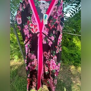 Johnny Was Black V-Neck Kaftan with Pink Floral Design